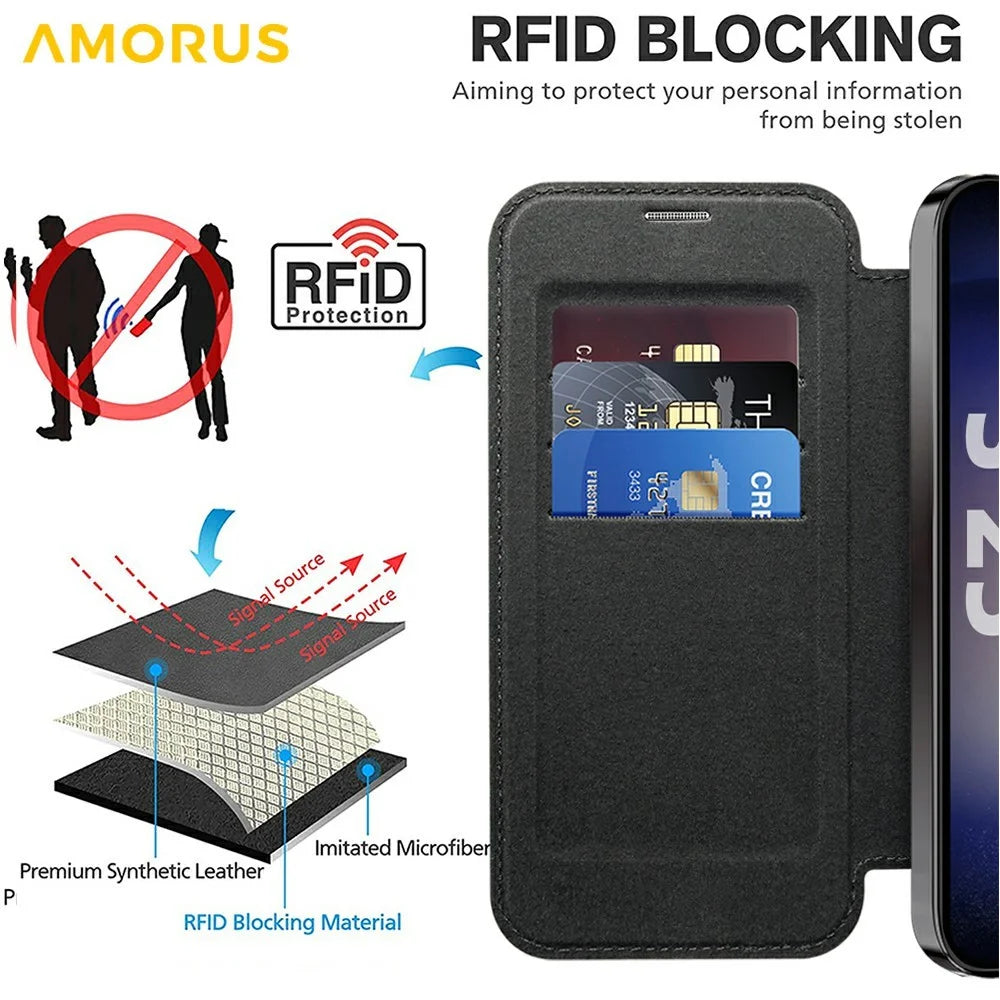 AMORUS For Samsung Galaxy S25+ Magnetic Case RFID Blocking Card Holder Leather Phone Cover - Black - 3