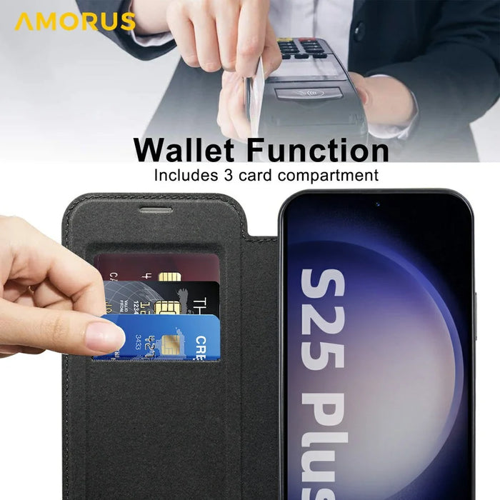 AMORUS For Samsung Galaxy S25+ Magnetic Case RFID Blocking Card Holder Leather Phone Cover - Black - 6