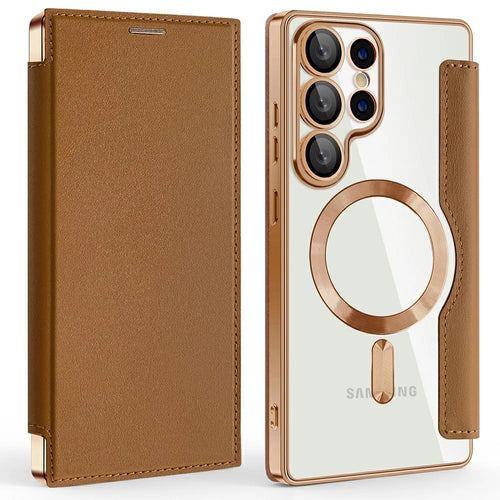 AMORUS For Samsung Galaxy S25 Ultra Case Magnetic Case RFID Blocking Card Holder Leather Phone Cover - Brown - 1