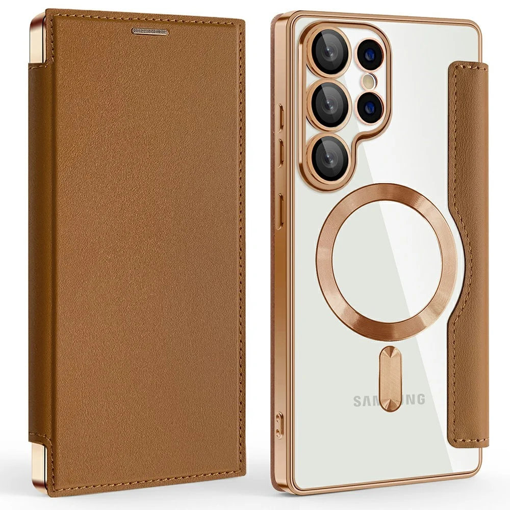 AMORUS For Samsung Galaxy S25 Ultra Case Magnetic Case RFID Blocking Card Holder Leather Phone Cover - Brown - 1