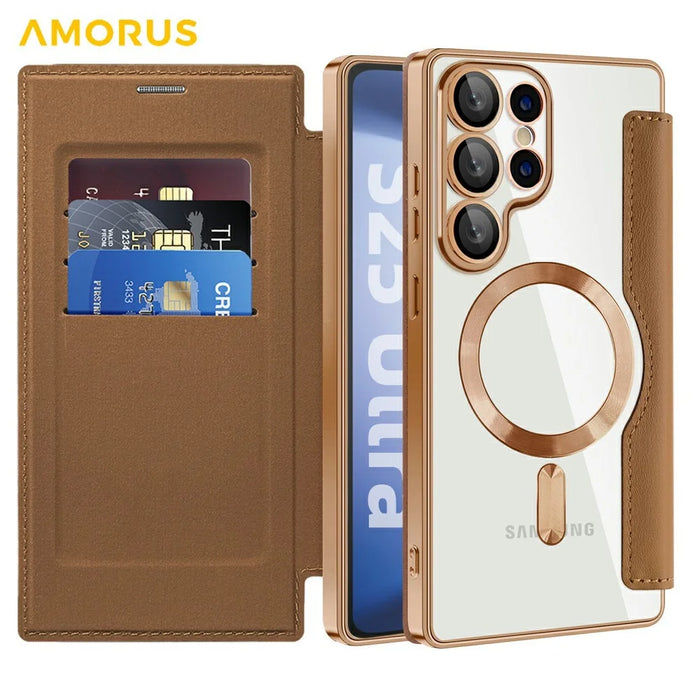 AMORUS For Samsung Galaxy S25 Ultra Case Magnetic Case RFID Blocking Card Holder Leather Phone Cover - Brown - 2