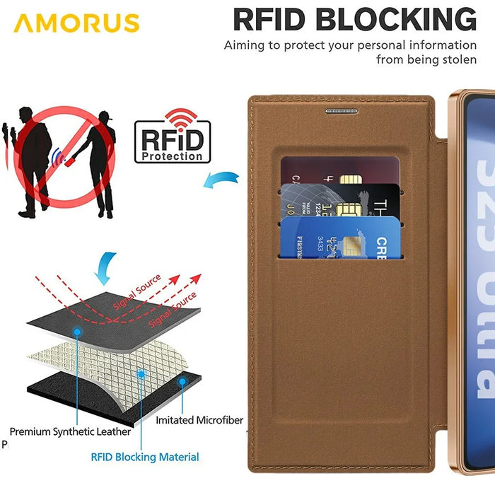 AMORUS For Samsung Galaxy S25 Ultra Case Magnetic Case RFID Blocking Card Holder Leather Phone Cover - Brown - 3