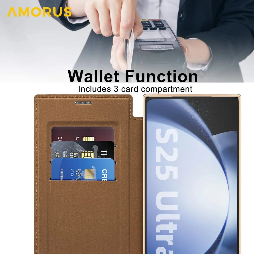 AMORUS For Samsung Galaxy S25 Ultra Case Magnetic Case RFID Blocking Card Holder Leather Phone Cover - Brown - 4