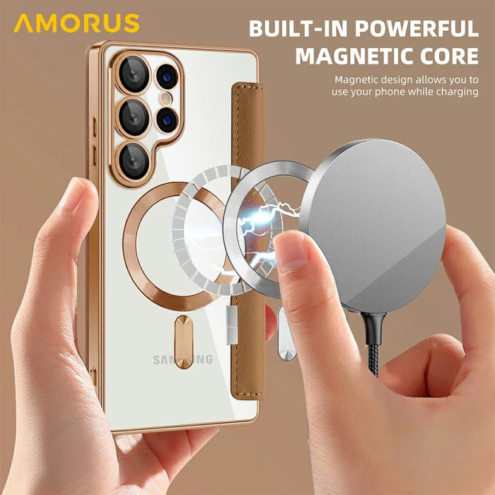 AMORUS For Samsung Galaxy S25 Ultra Case Magnetic Case RFID Blocking Card Holder Leather Phone Cover - Brown - 5