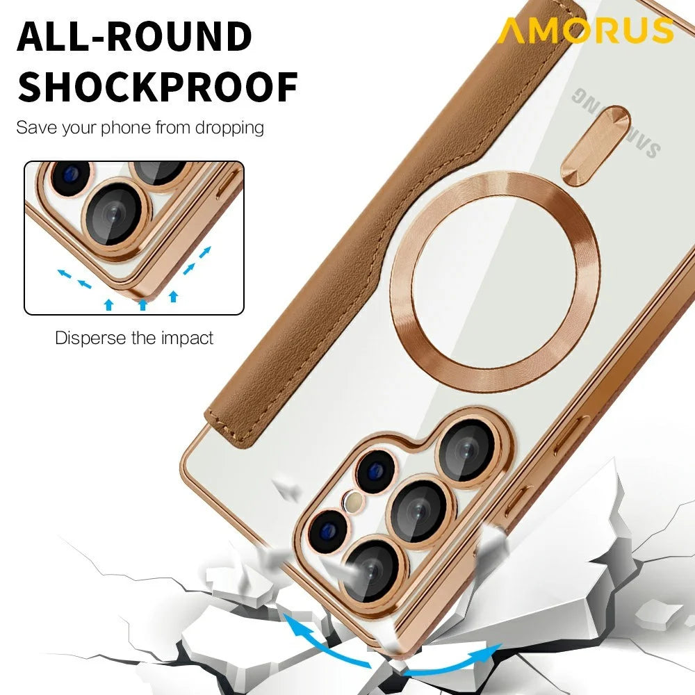AMORUS For Samsung Galaxy S25 Ultra Case Magnetic Case RFID Blocking Card Holder Leather Phone Cover - Brown - 6