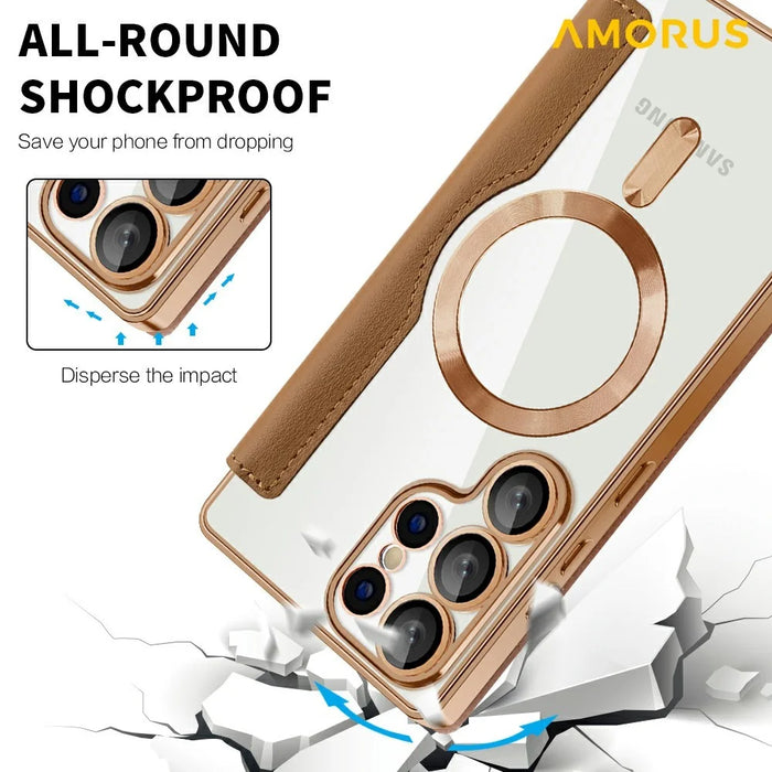 AMORUS For Samsung Galaxy S25 Ultra Case Magnetic Case RFID Blocking Card Holder Leather Phone Cover - Brown - 6