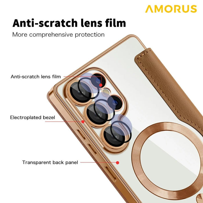 AMORUS For Samsung Galaxy S25 Ultra Case Magnetic Case RFID Blocking Card Holder Leather Phone Cover - Brown - 7