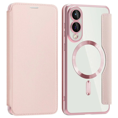 AMORUS For Samsung Galaxy S25 Edge Magnetic Case RFID Blocking Card Holder Leather Phone Cover - Pink - 1