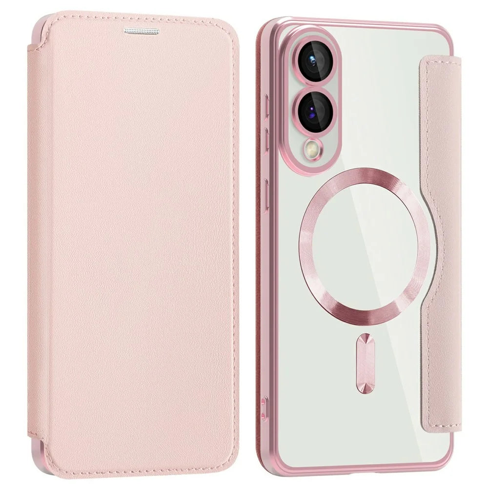 AMORUS For Samsung Galaxy S25 Edge Magnetic Case RFID Blocking Card Holder Leather Phone Cover - Pink - 1