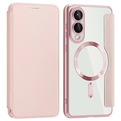 AMORUS For Samsung Galaxy S25 Edge Magnetic Case RFID Blocking Card Holder Leather Phone Cover - Pink - 1