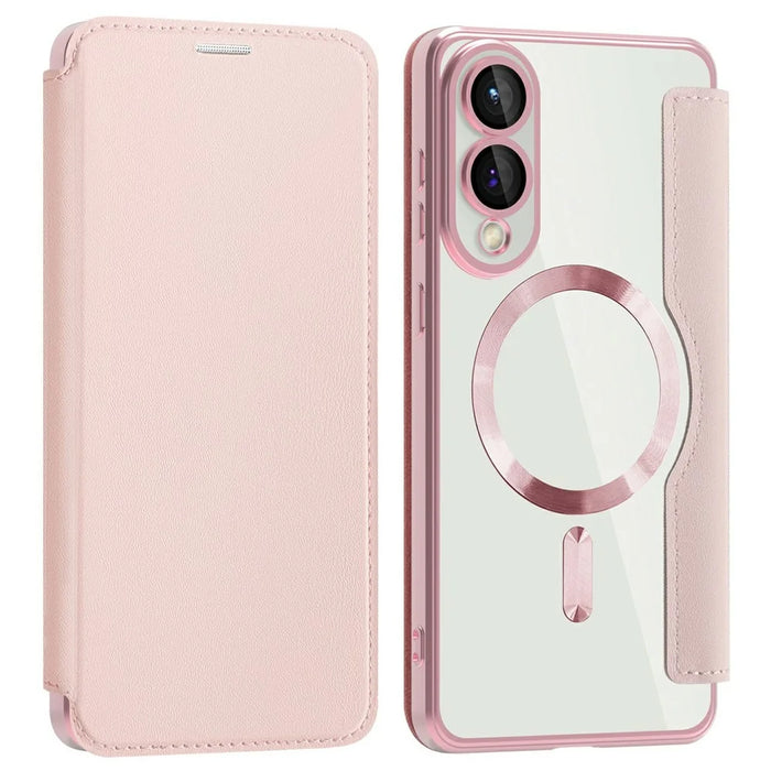 AMORUS For Samsung Galaxy S25 Edge Magnetic Case RFID Blocking Card Holder Leather Phone Cover - Pink - 1