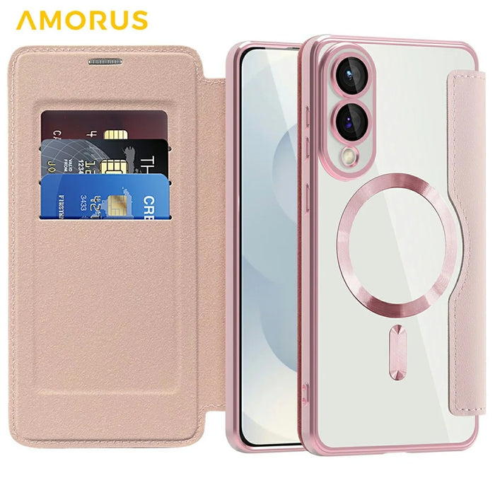 AMORUS For Samsung Galaxy S25 Edge Magnetic Case RFID Blocking Card Holder Leather Phone Cover - Pink - 2