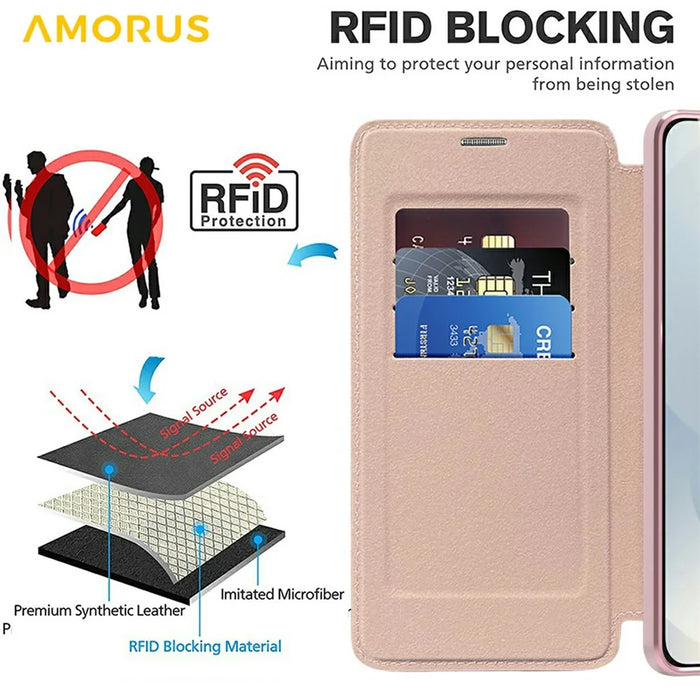 AMORUS For Samsung Galaxy S25 Edge Magnetic Case RFID Blocking Card Holder Leather Phone Cover - Pink - 3