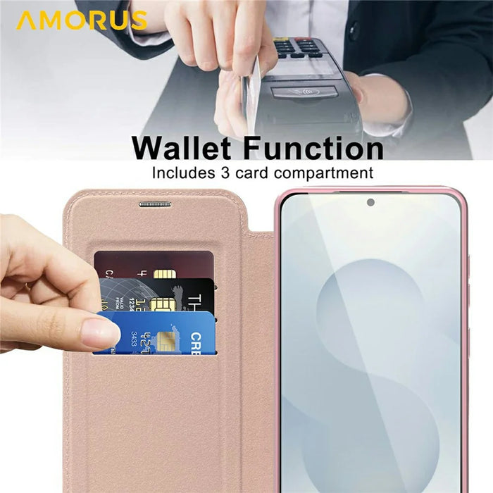 AMORUS For Samsung Galaxy S25 Edge Magnetic Case RFID Blocking Card Holder Leather Phone Cover - Pink - 4