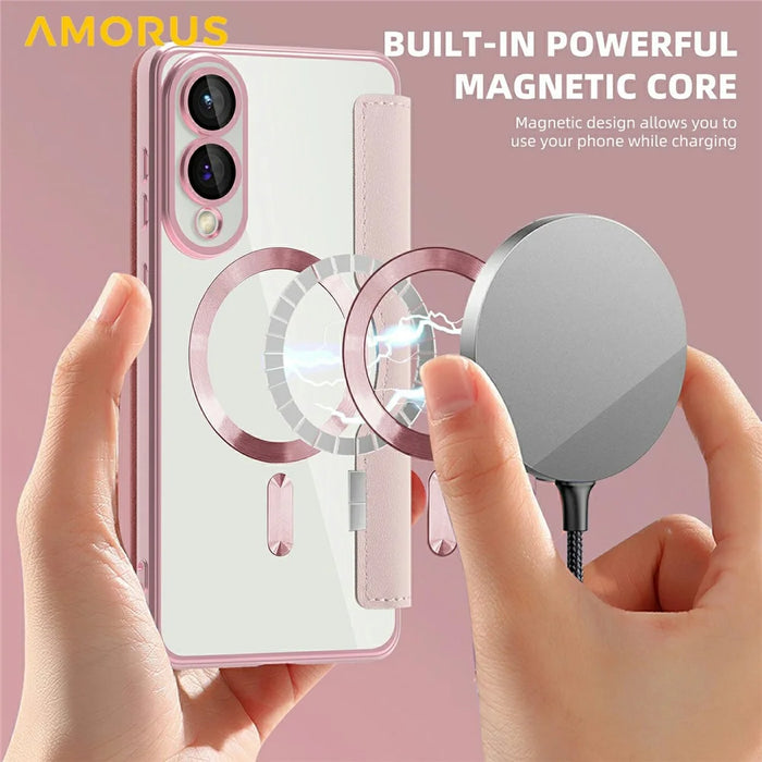 AMORUS For Samsung Galaxy S25 Edge Magnetic Case RFID Blocking Card Holder Leather Phone Cover - Pink - 5