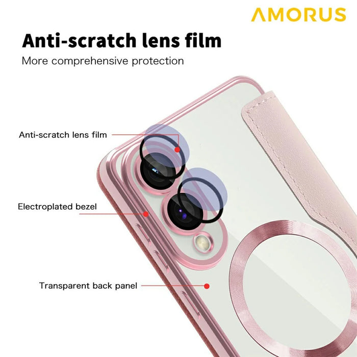 AMORUS For Samsung Galaxy S25 Edge Magnetic Case RFID Blocking Card Holder Leather Phone Cover - Pink - 7