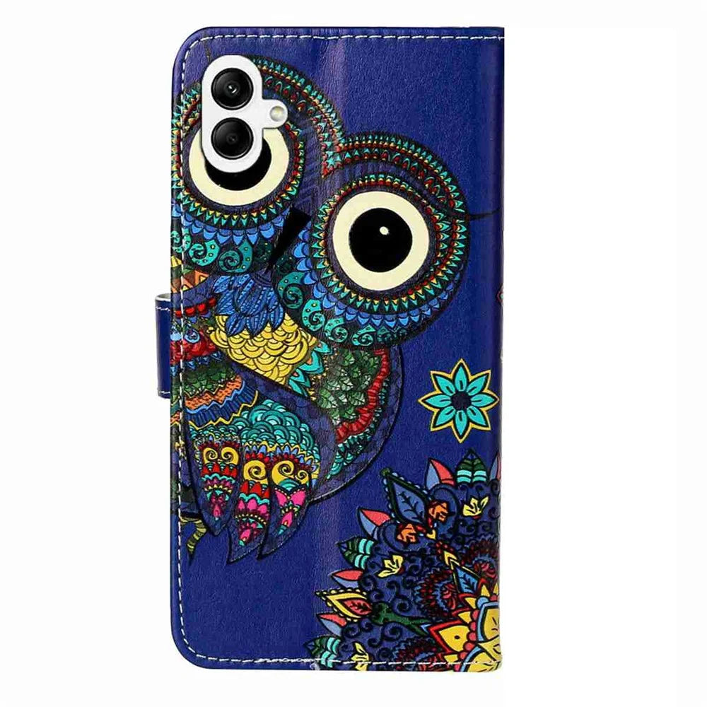 Leather Case For Samsung Galaxy A08 5G / A08 4G / A07 4G / A06 4G / A06 5G Pattern Wallet Phone Cover with Strap - Blue Owl - 6