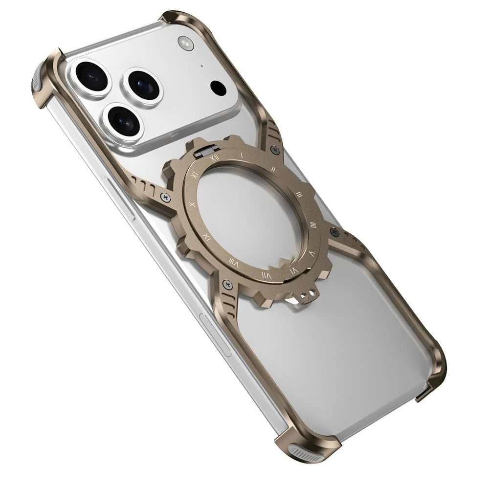 For iPhone 17 Pro Magnetic Case Luminous Kickstand Aluminum Alloy X-Shape Bumper Phone Cover - Desert Gold - 1