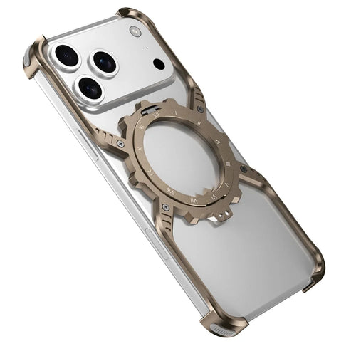 For iPhone 17 Pro Magnetic Case Luminous Kickstand Aluminum Alloy X-Shape Bumper Phone Cover - Desert Gold - 1