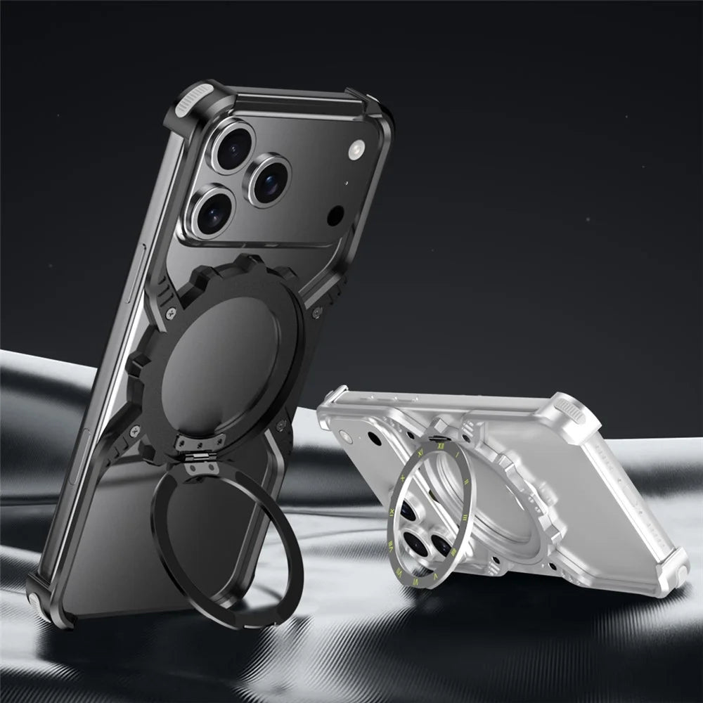 For iPhone 17 Pro Magnetic Case Luminous Kickstand Aluminum Alloy X-Shape Bumper Phone Cover - Desert Gold - 2