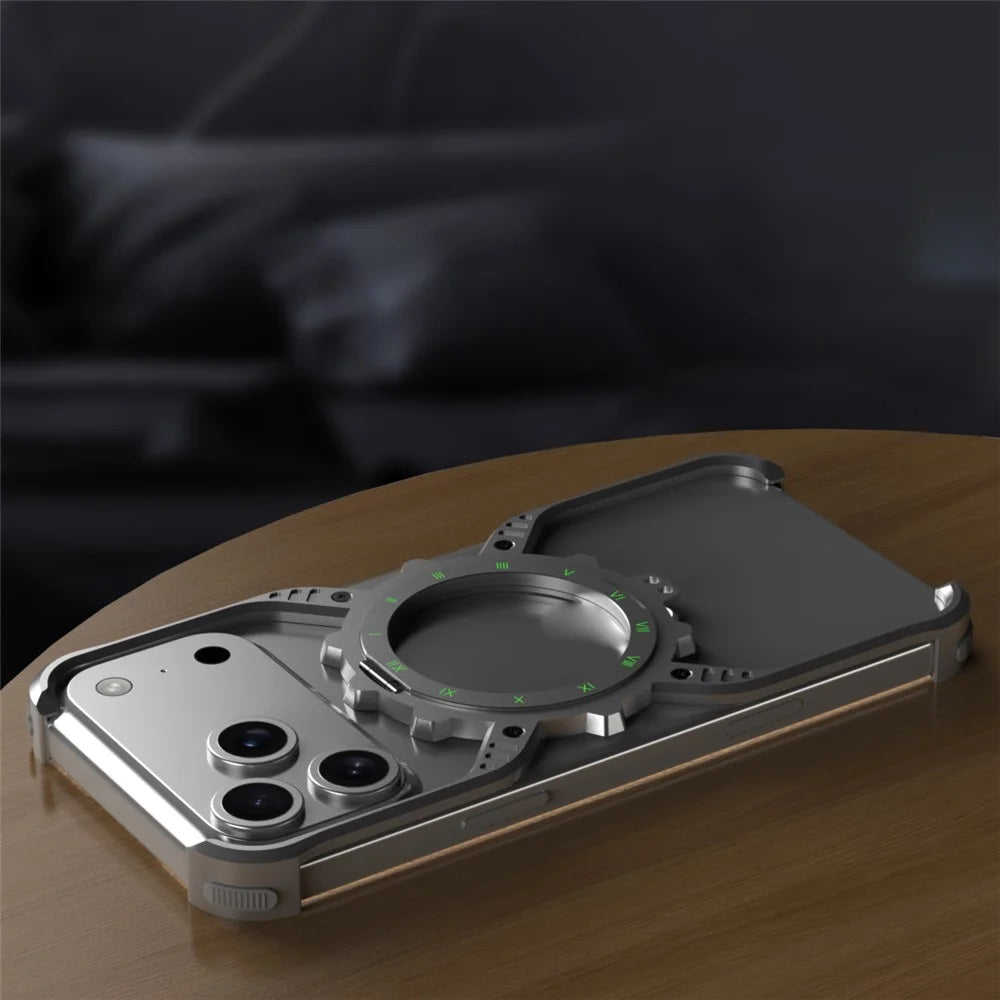 For iPhone 17 Pro Magnetic Case Luminous Kickstand Aluminum Alloy X-Shape Bumper Phone Cover - Desert Gold - 4