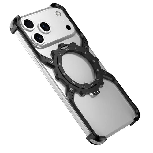 For iPhone 17 Pro Max Magnetic Case Luminous Kickstand Aluminum Alloy X-Shape Bumper Phone Cover - Black - 1