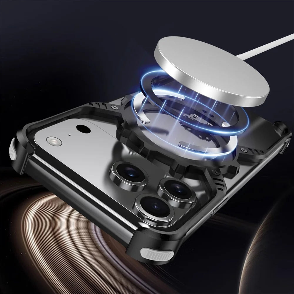 For iPhone 17 Pro Max Magnetic Case Luminous Kickstand Aluminum Alloy X-Shape Bumper Phone Cover - Black - 5