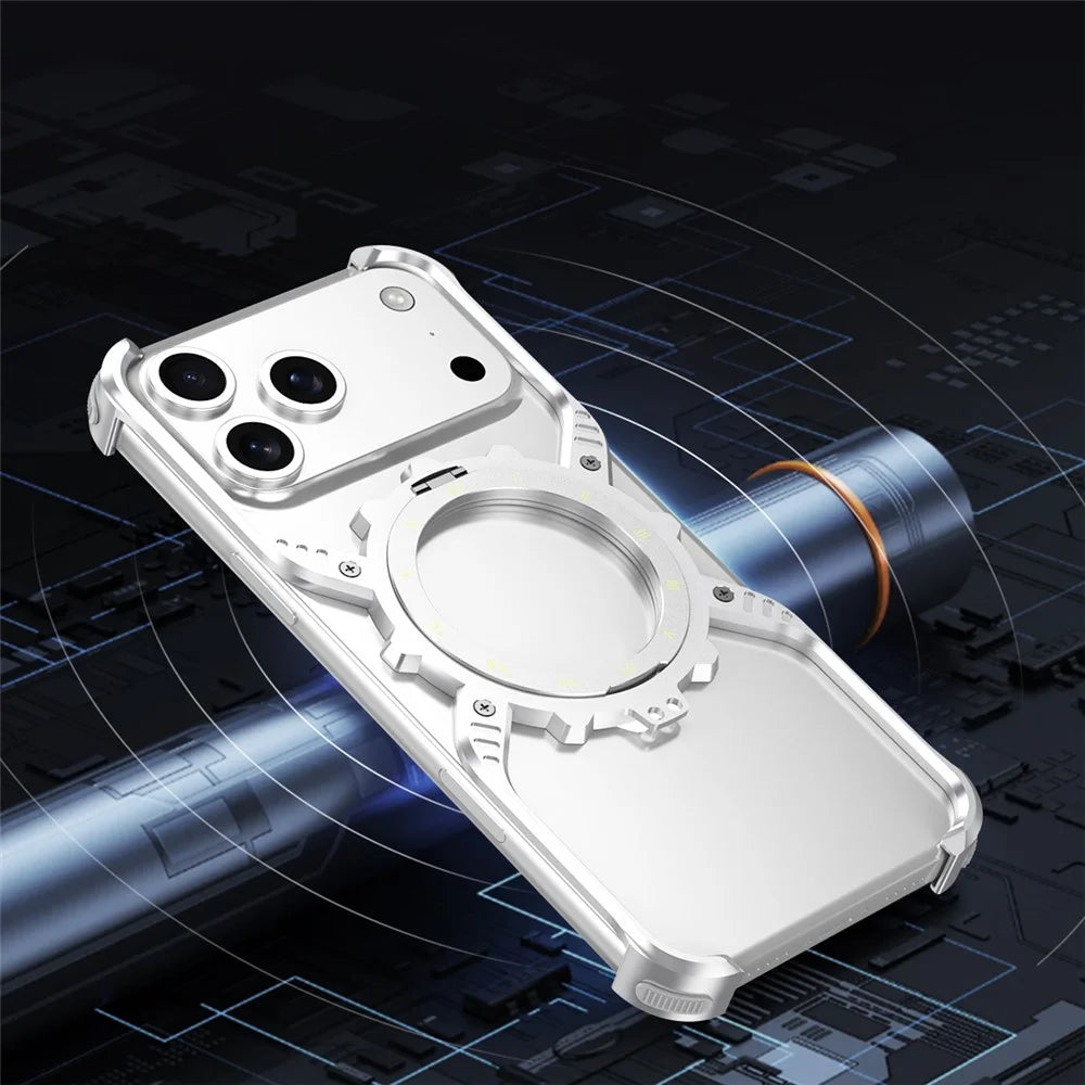 For iPhone 17 Pro Max Magnetic Case Luminous Kickstand Aluminum Alloy X-Shape Bumper Phone Cover - Black - 6