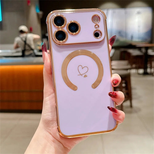 For iPhone 18 Pro Max / 17 Pro Max Case Compatible with MagSafe Electroplated TPU Phone Cover Hollow Love Hearts - Purple - 1
