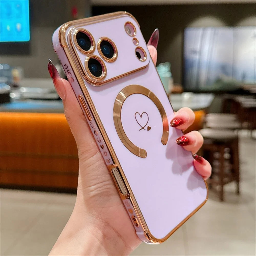 For iPhone 18 Pro Max / 17 Pro Max Case Compatible with MagSafe Electroplated TPU Phone Cover Hollow Love Hearts - Purple - 2