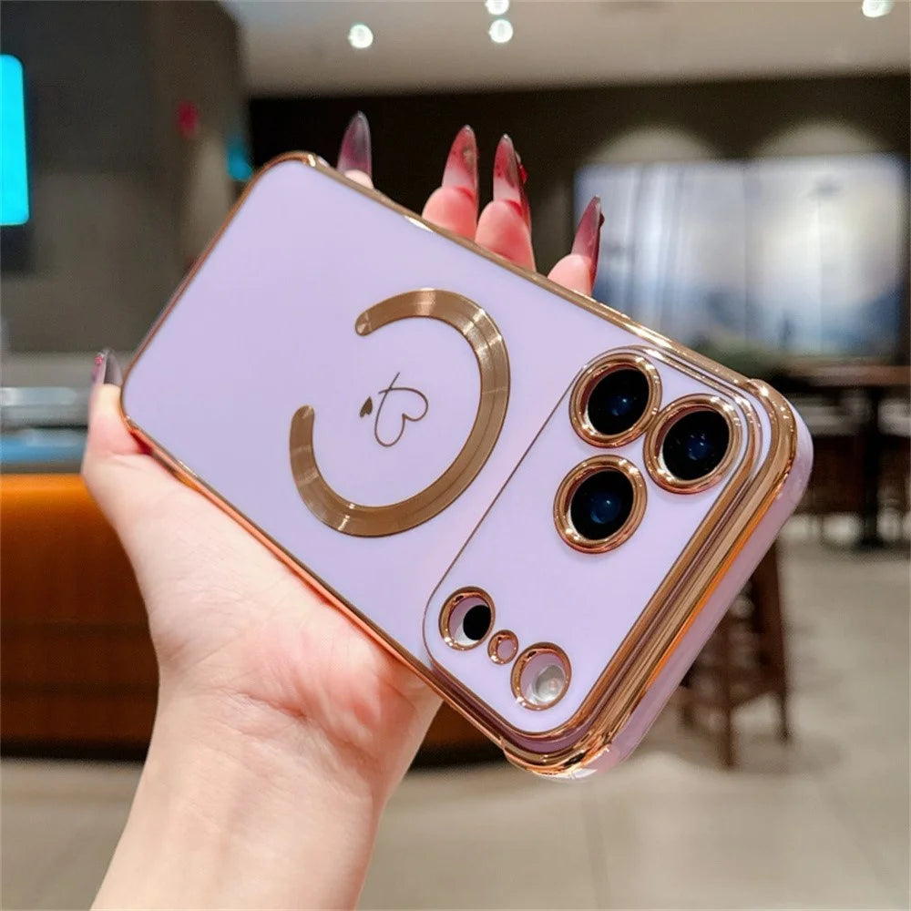For iPhone 18 Pro Max / 17 Pro Max Case Compatible with MagSafe Electroplated TPU Phone Cover Hollow Love Hearts - Purple - 3