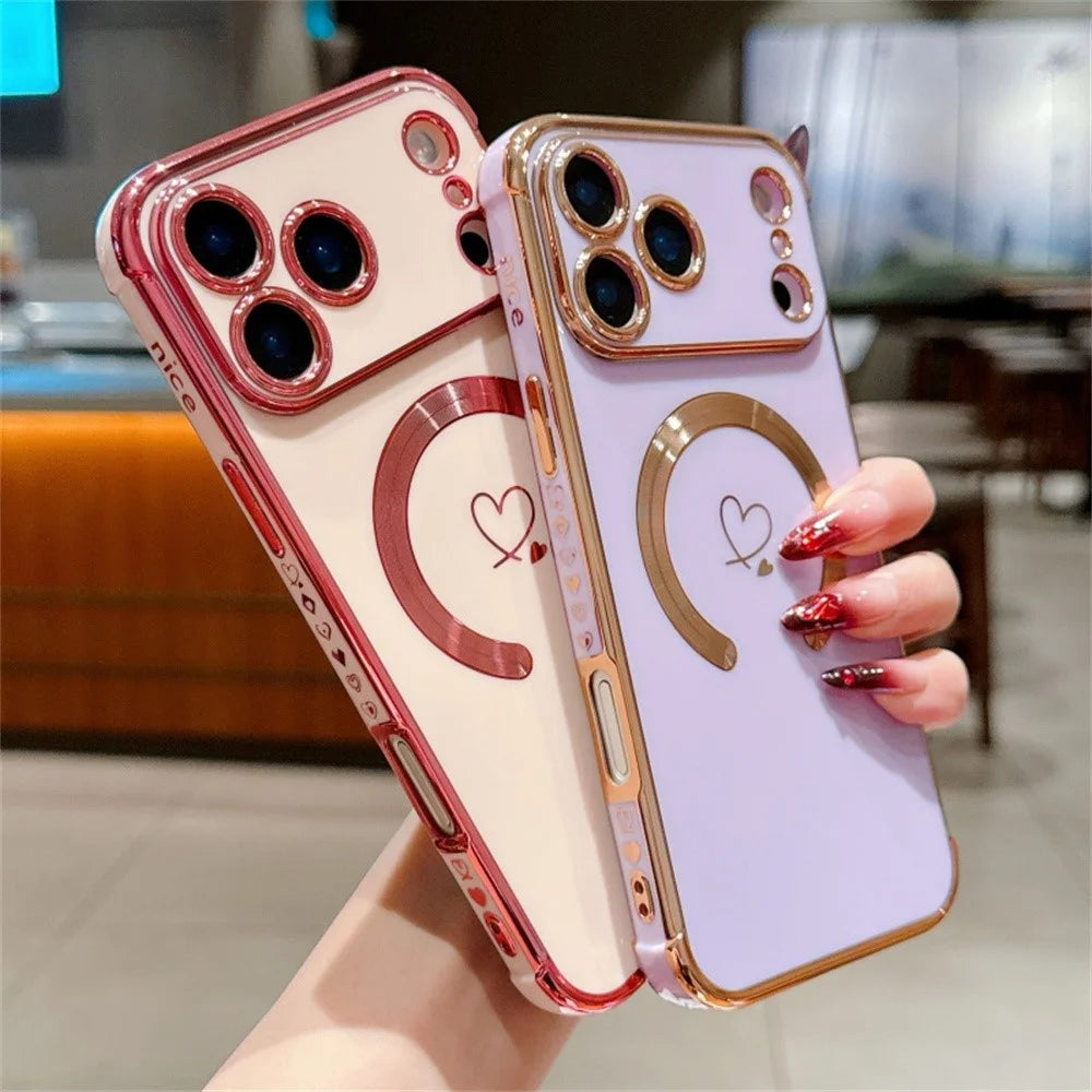 For iPhone 18 Pro Max / 17 Pro Max Case Compatible with MagSafe Electroplated TPU Phone Cover Hollow Love Hearts - Purple - 4