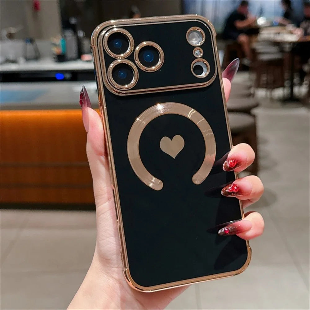 For iPhone 18 Pro Max / 17 Pro Max Magnetic Case Electroplating Soft TPU Cover with Cute Love Heart - Black - 1