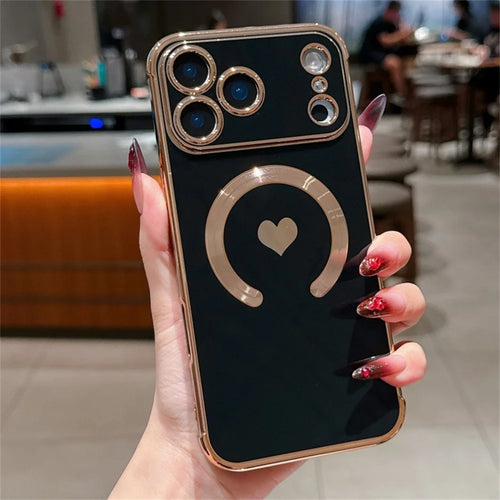 For iPhone 18 Pro Max / 17 Pro Max Magnetic Case Electroplating Soft TPU Cover with Cute Love Heart - Black - 1