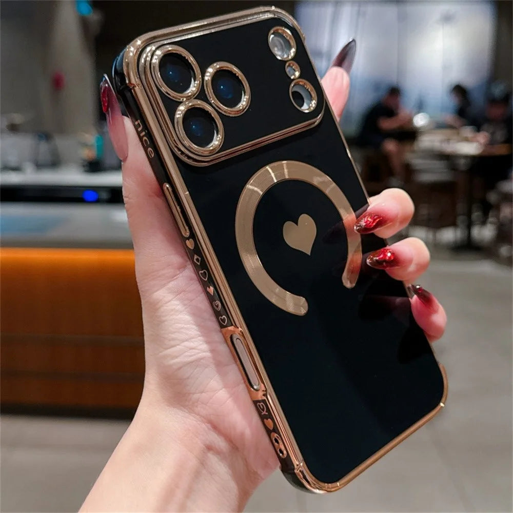 For iPhone 18 Pro Max / 17 Pro Max Magnetic Case Electroplating Soft TPU Cover with Cute Love Heart - Black - 2