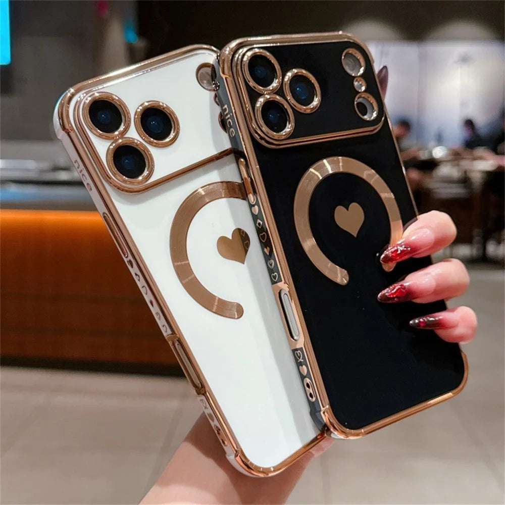 For iPhone 18 Pro Max / 17 Pro Max Magnetic Case Electroplating Soft TPU Cover with Cute Love Heart - Black - 4