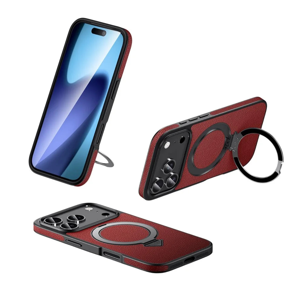 For iPhone 17 Pro Case Compatible with MagSafe Genuine Cow Leather+PC Kickstand Phone Cover - Red - 1