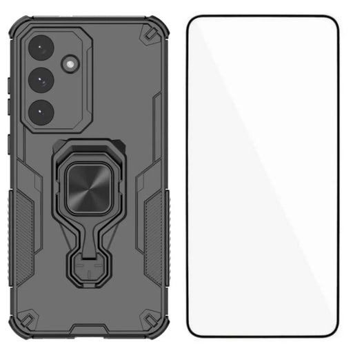 WANLONFENG For Samsung Galaxy S25 FE Phone Case  PC TPU Back Cover Kickstand with Tempered Glass - Black - 1