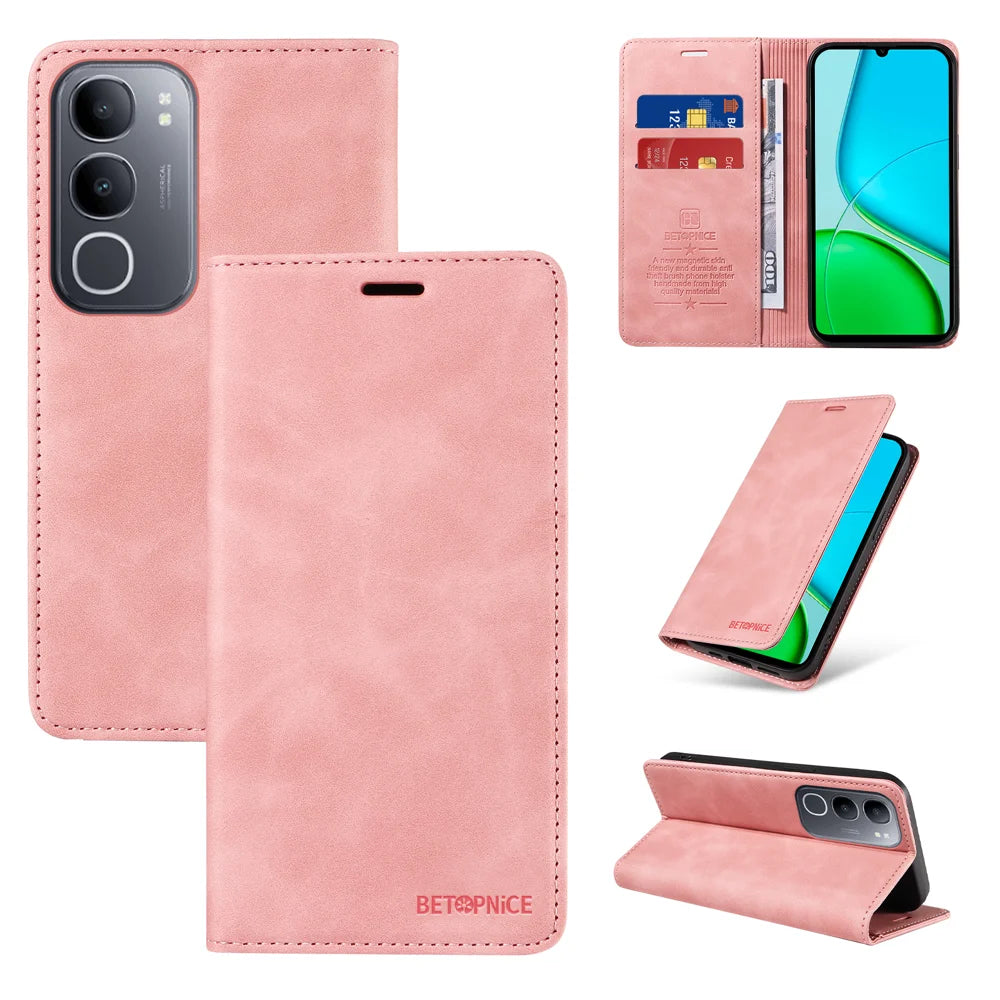 BETOPNICE For vivo Y50 Case  Magnetic Closure RFID Blocking Wallet Stand Leather Phone Cover - Pink - 3