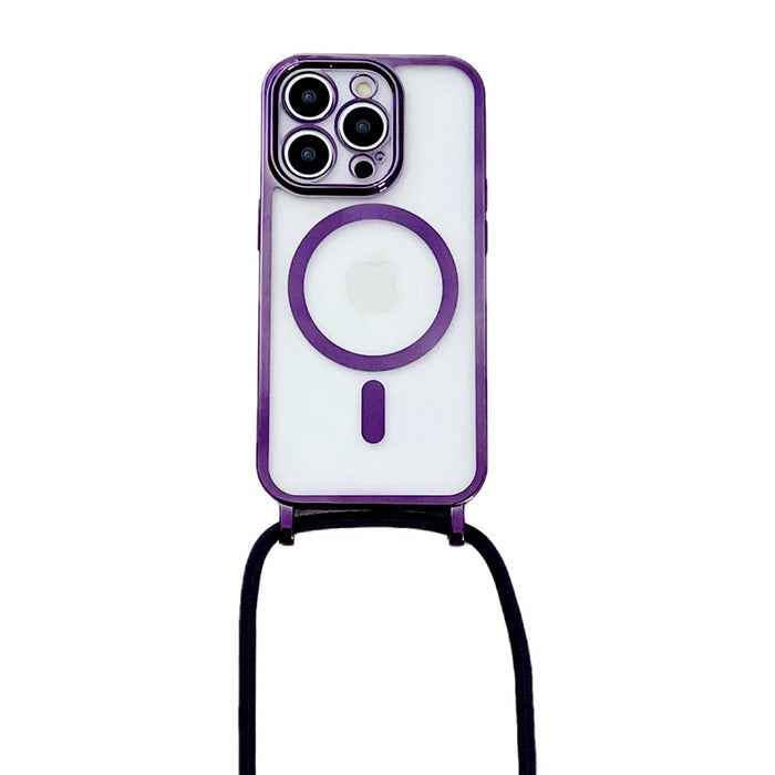 For iPhone 15 Pro Max Case Compatible with MagSafe Electroplating Edge TPU Phone Cover with Shoulder Strap - Purple - 1