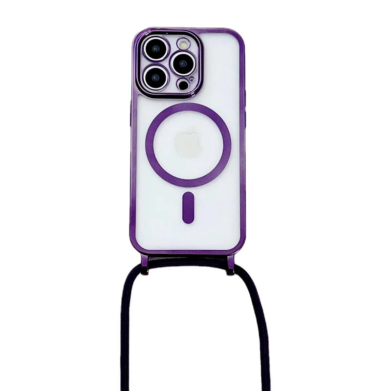 For iPhone 15 Pro Max Case Compatible with MagSafe Electroplating Edge TPU Phone Cover with Shoulder Strap - Purple - 1