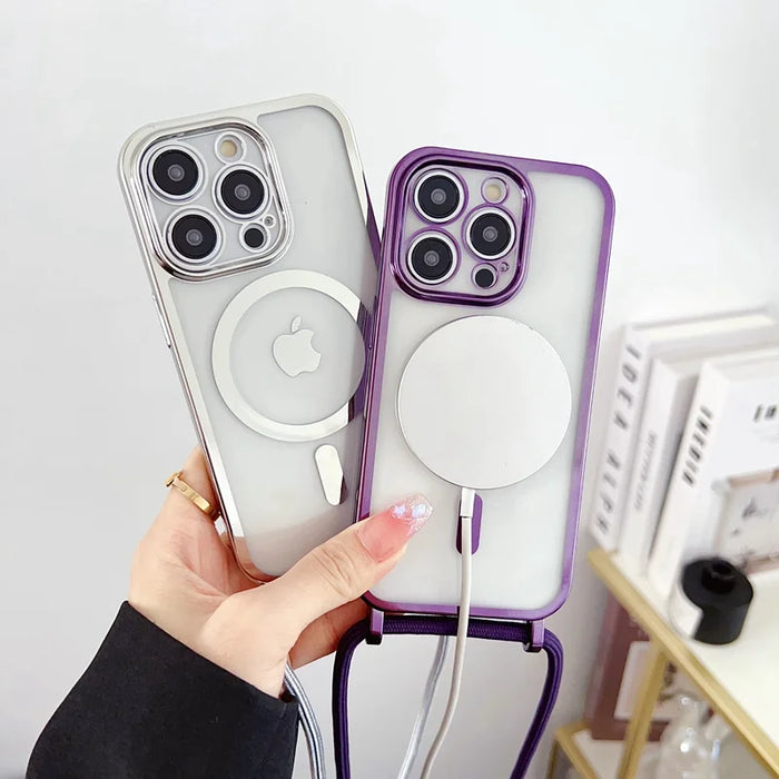 For iPhone 15 Pro Max Case Compatible with MagSafe Electroplating Edge TPU Phone Cover with Shoulder Strap - Purple - 3