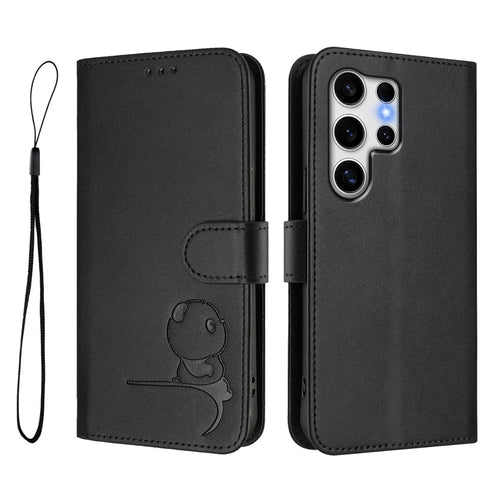 For Samsung Galaxy S25 Ultra Case Panda Imprint RFID Blocking Wallet Leather Phone Cover with Wrist Strap - Black - 1