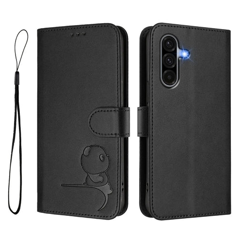 For Samsung Galaxy A37 5G / A56 5G / A36 5G Case Panda Imprint RFID Blocking Wallet Leather Phone Cover with Wrist Strap - Black - 1