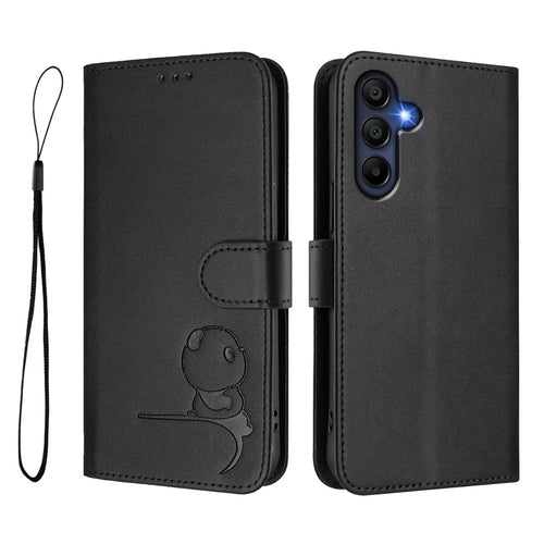 For Samsung Galaxy A16 4G / Galaxy A16 5G Case Panda Imprint RFID Blocking Wallet Leather Phone Cover with Wrist Strap - Black - 1