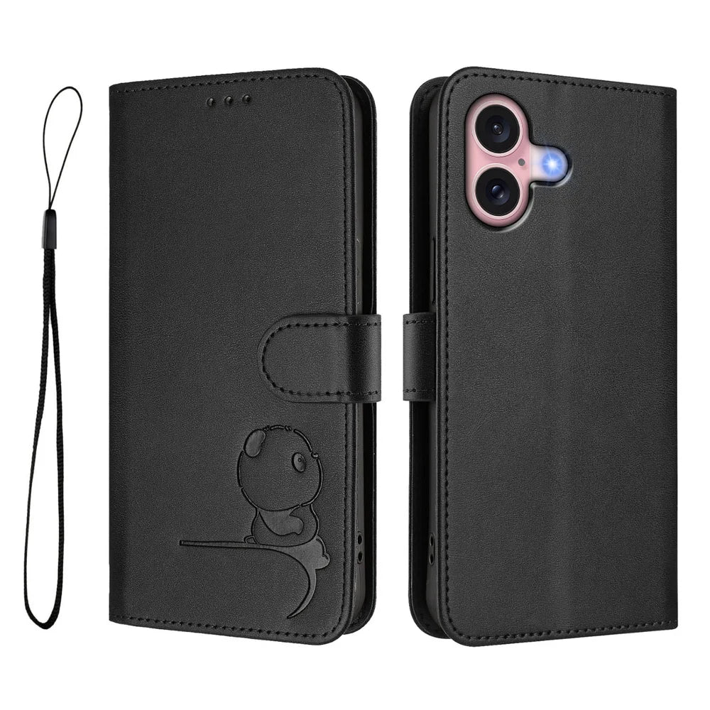 For iPhone 16 Case Panda Imprint RFID Blocking Wallet Leather Phone Cover with Wrist Strap - Black - 1