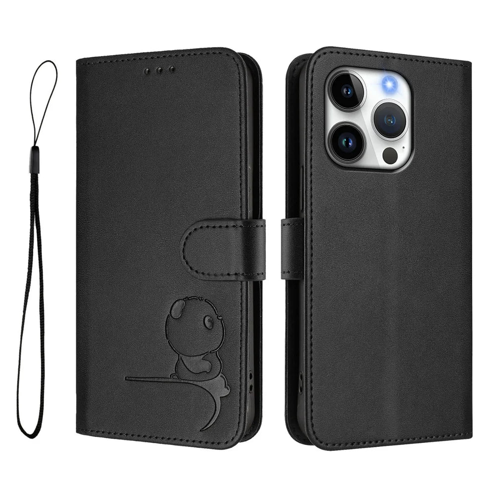 For iPhone 16 Pro Case Panda Imprint RFID Blocking Wallet Leather Phone Cover with Wrist Strap - Black - 1