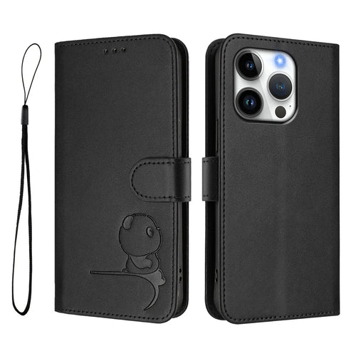 For iPhone 16 Pro Case Panda Imprint RFID Blocking Wallet Leather Phone Cover with Wrist Strap - Black - 1