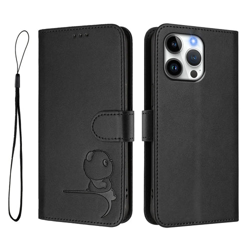 For iPhone 16 Pro Max Case Panda Imprint RFID Blocking Wallet Leather Phone Cover with Wrist Strap - Black - 1