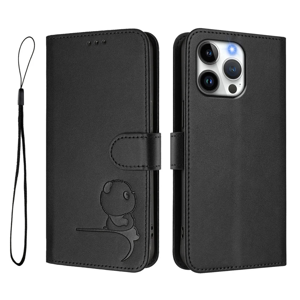 For iPhone 16 Pro Max Case Panda Imprint RFID Blocking Wallet Leather Phone Cover with Wrist Strap - Black - 1